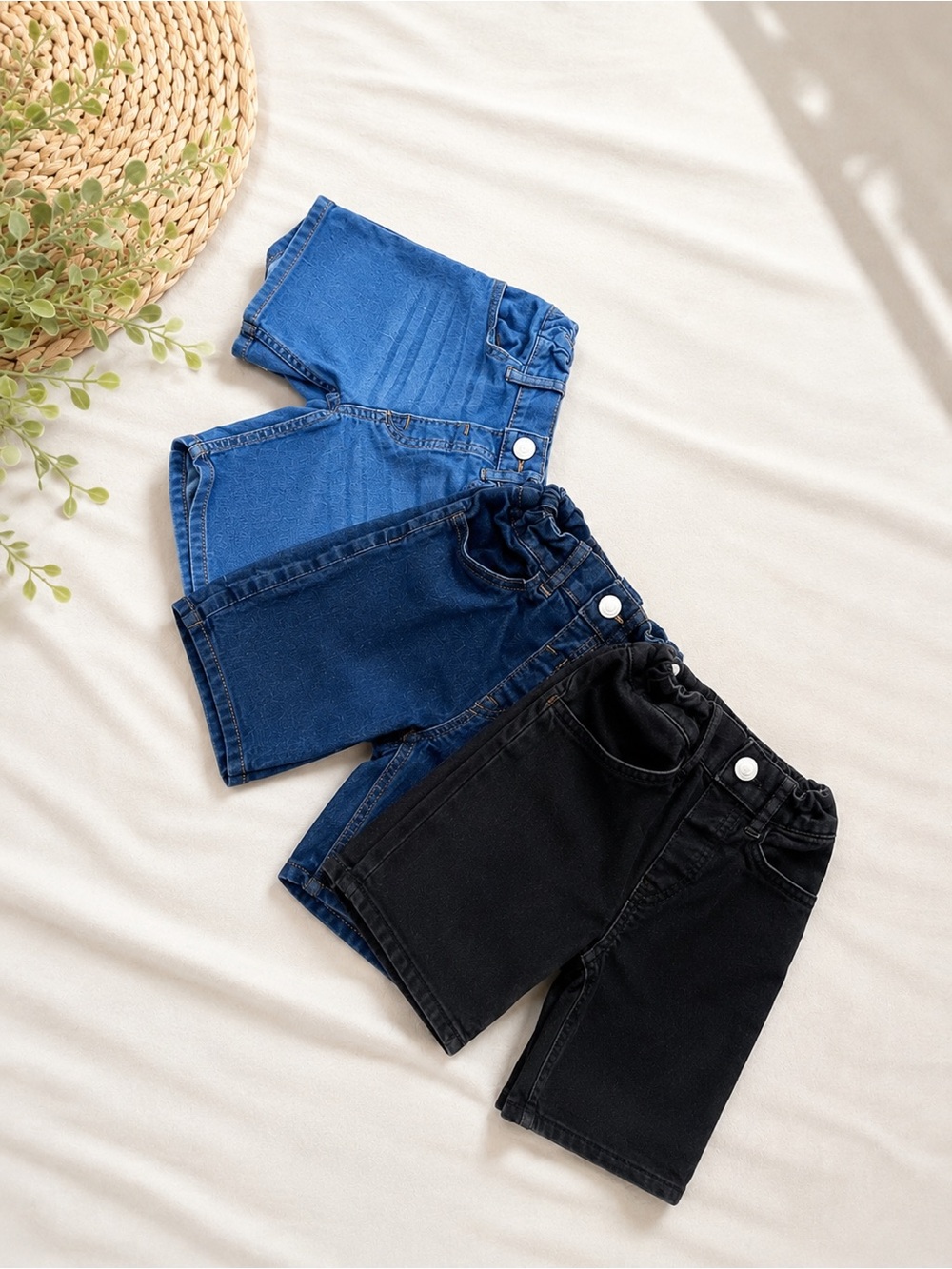 Set of 3 Kids Elastic-Waist Denim Shorts - Black & Blue size 5T